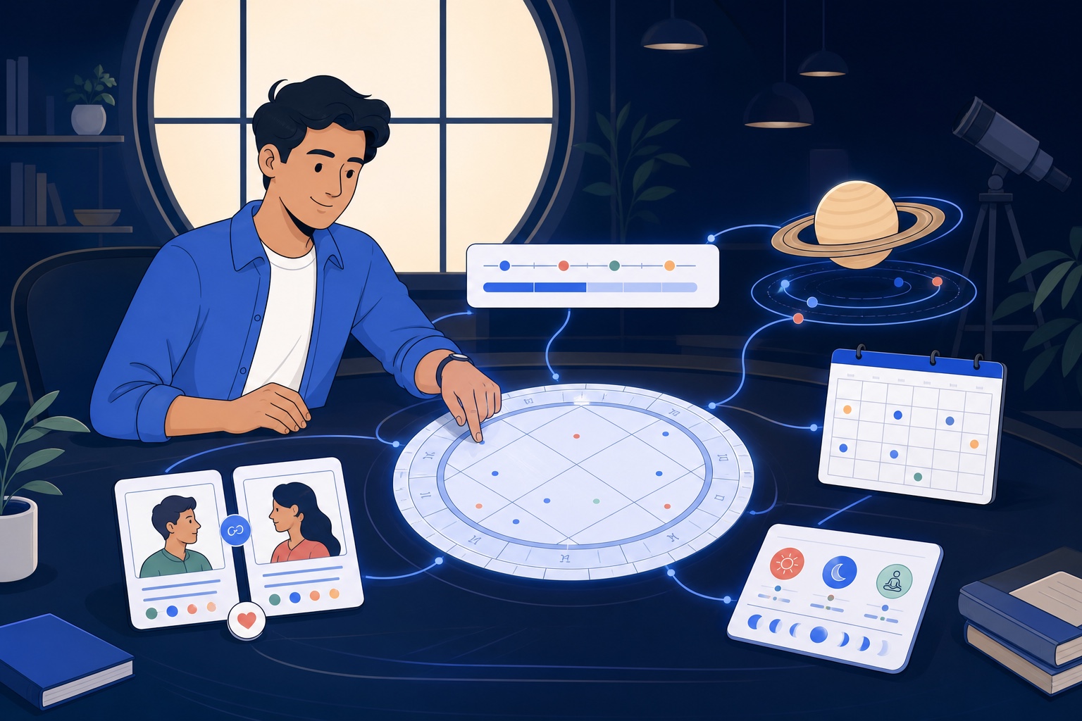 AstroSync tools connected around one birth chart and timeline