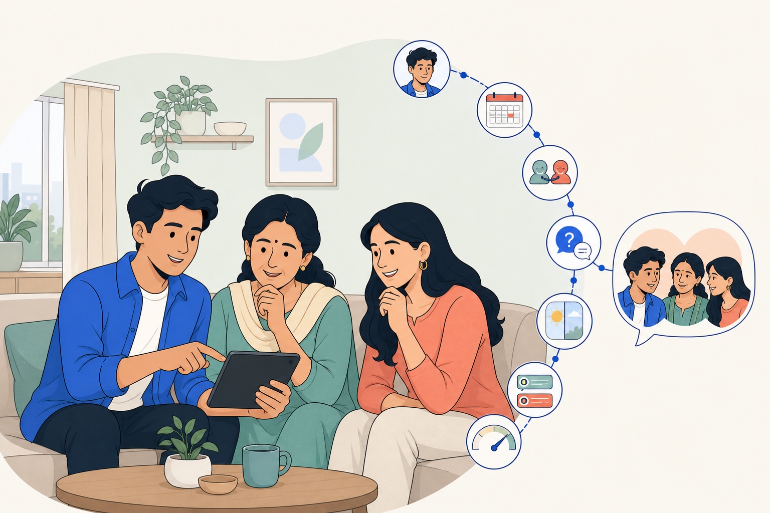 A family using AstroSync together while seven kinds of context lead into one conversation