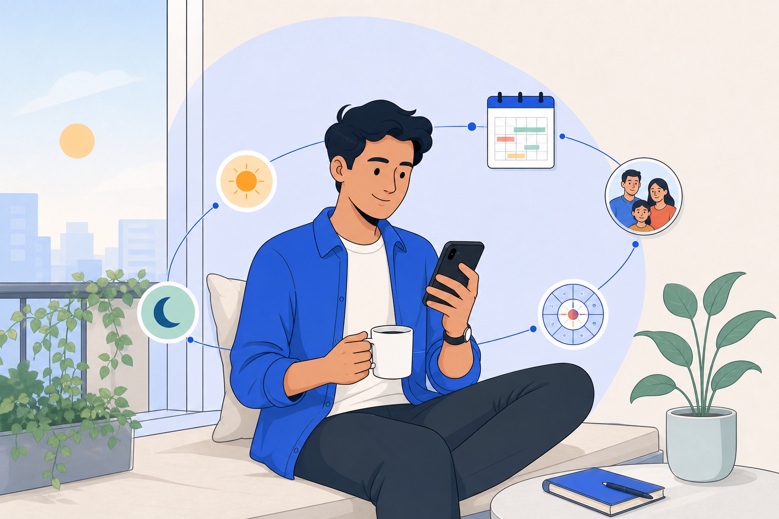 A person checking AstroSync in the morning, with daily, chart, and family context connected around him