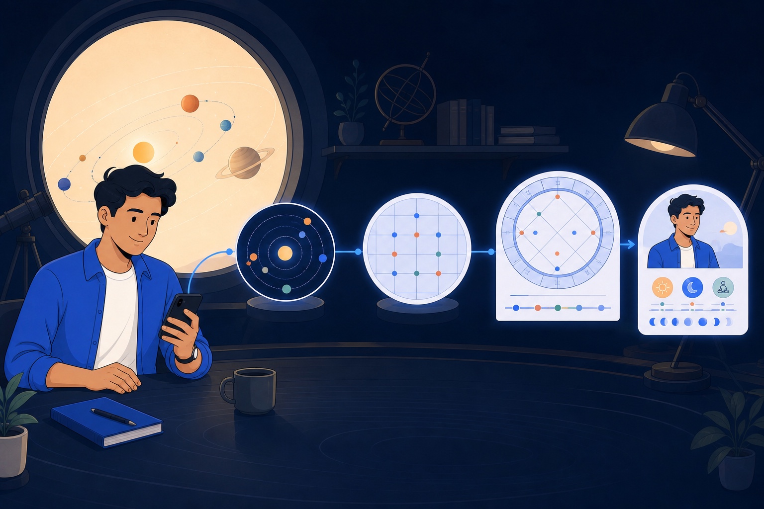 Astronomical positions moving through an ephemeris grid and birth chart to become a personal AstroSync insight
