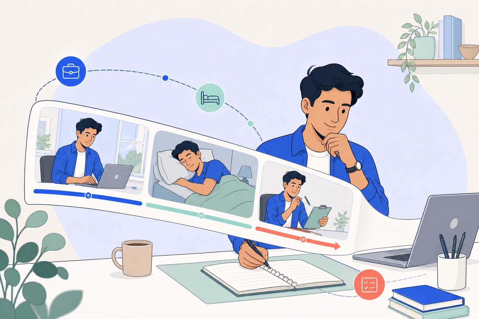 A person planning work, rest, and review across a longer prediction phase